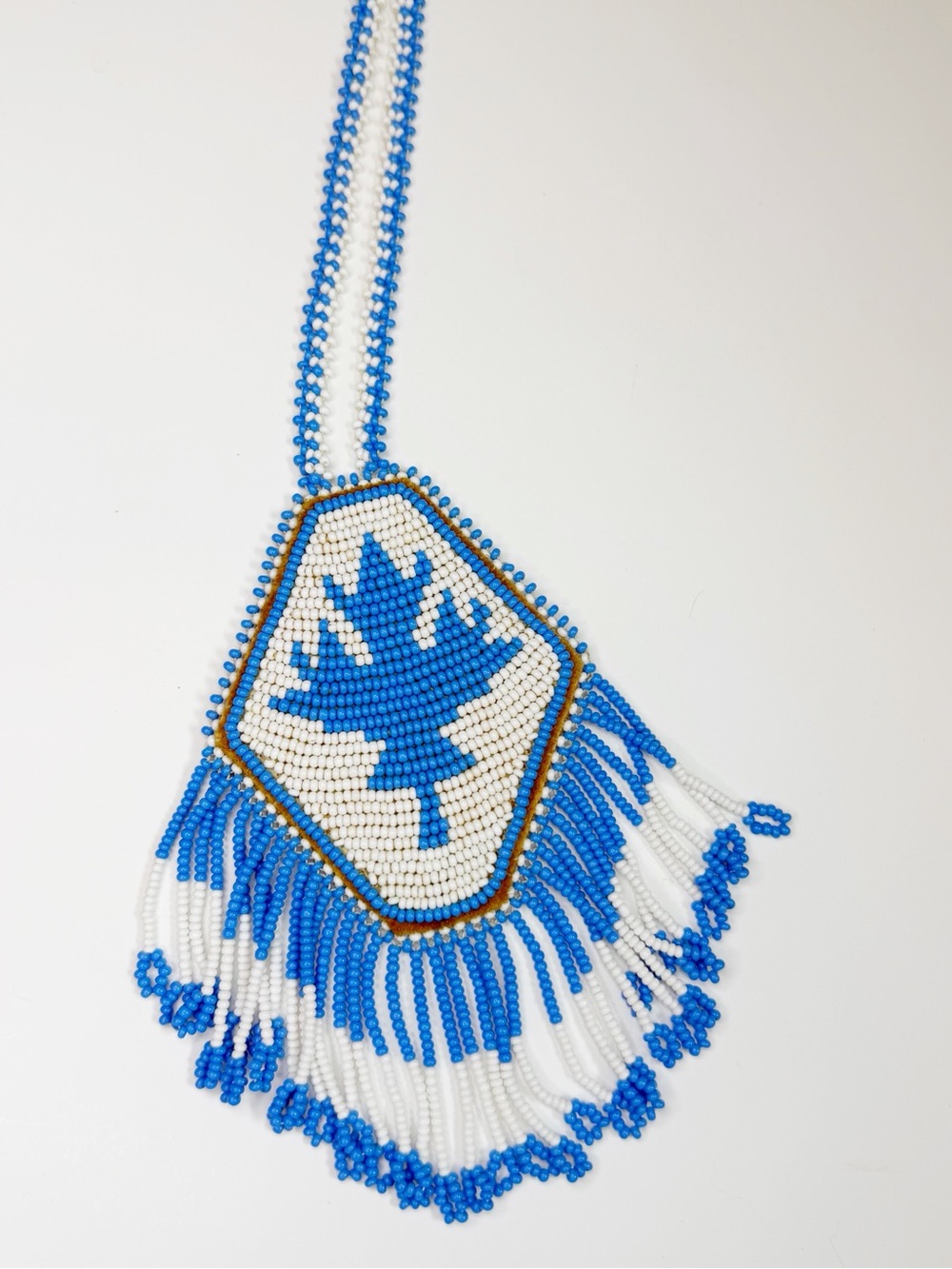 Vintage Native American Blue and White Hand Beaded Necklace with Leaf and fringe